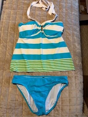 Lauren Ralph Lauren Aqua, White & Green Striped Tankini Set